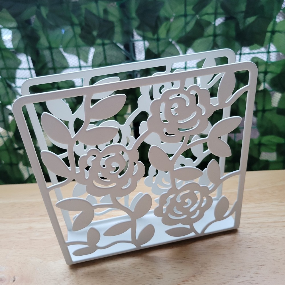 IKEA LIKSIDIG White Metal Napkin Holder Rose Floral Laser Cut Whimsical Romantic
